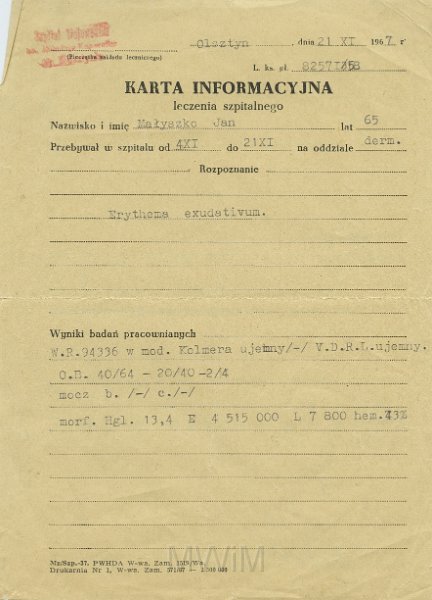 KKE 5472.jpg - Dok. Karta Informacyjna. Karta wystawiona przez Szpital Wojskowy w Olsztynie dla Jana Małyszko dotycząca arytymi, Olsztyn, 21 XI 1967 r.